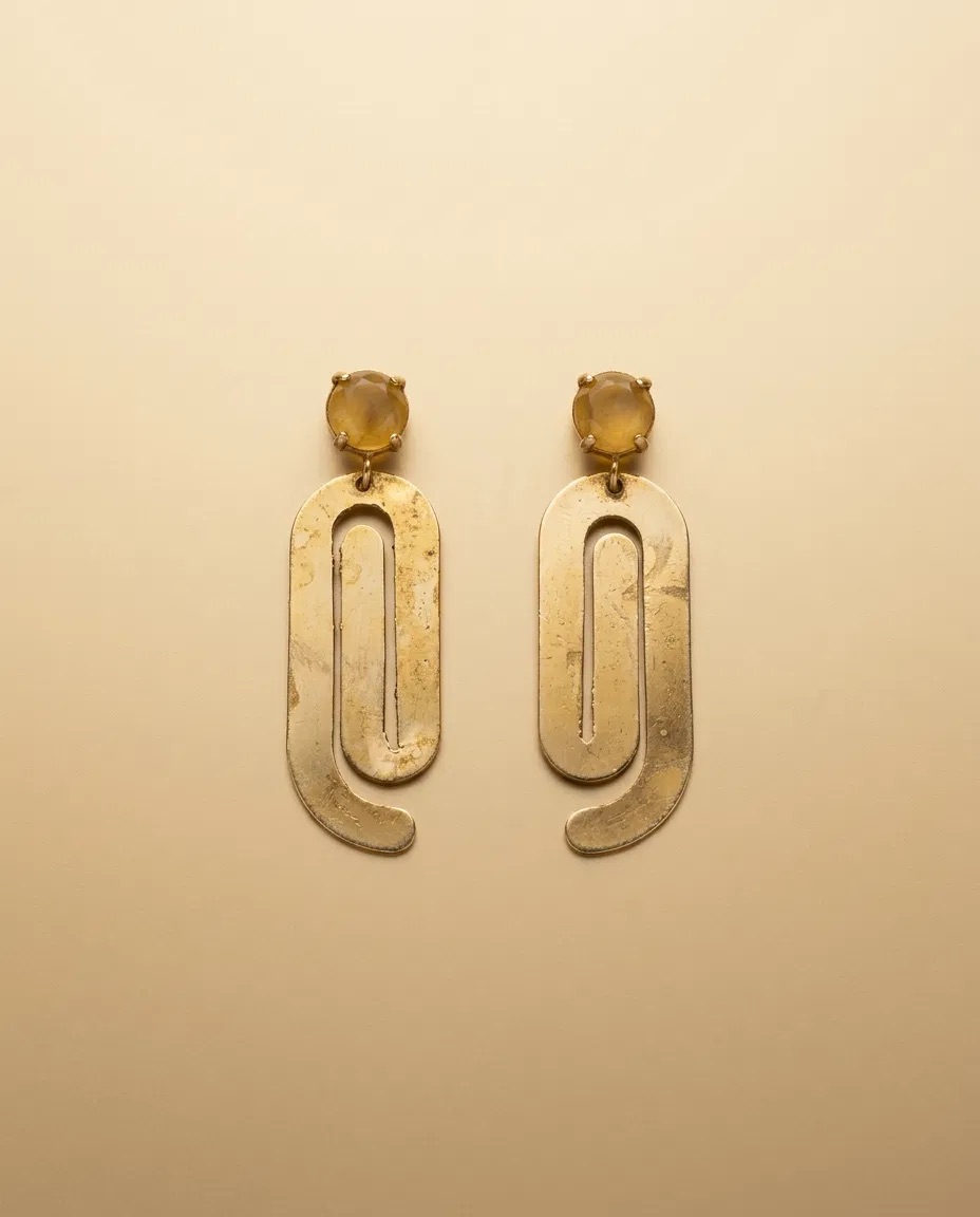 Amber Stone Gold Paperclip Loop Earrings