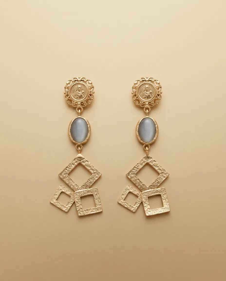 Medallion Grey Cat Eye Square Frame Earrings