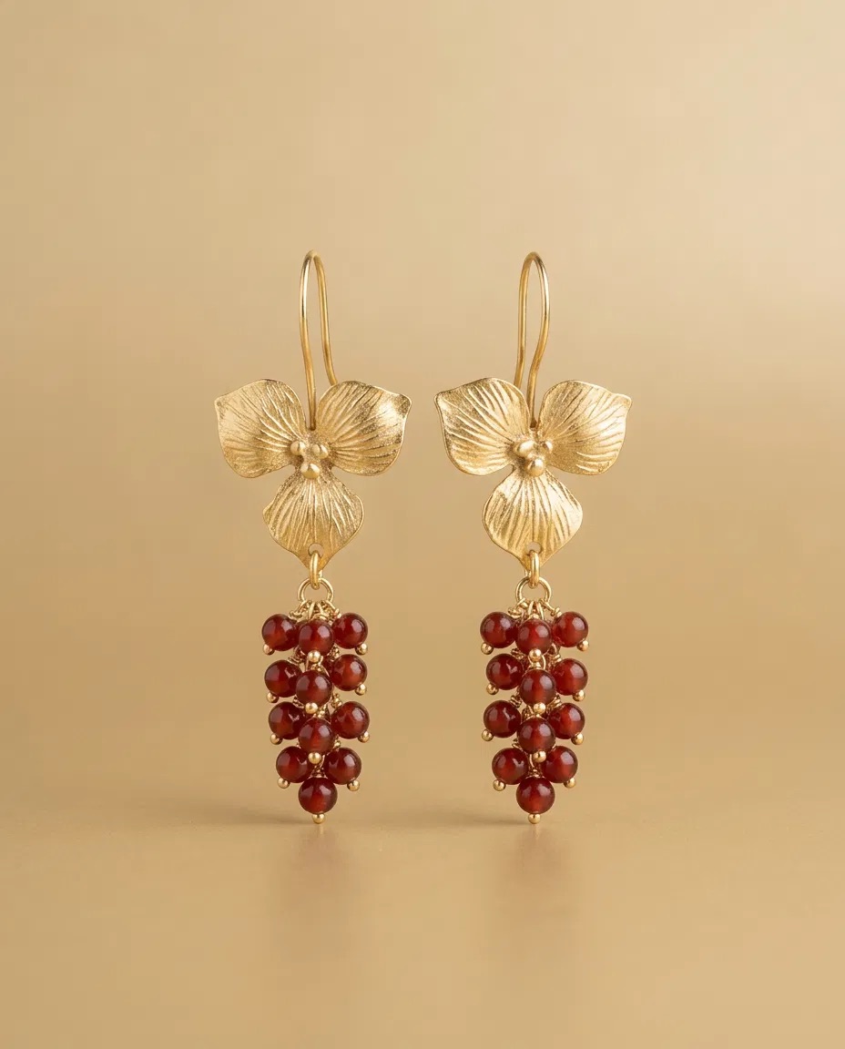 Gold Orchid Garnet Color Bead Cluster Earrings