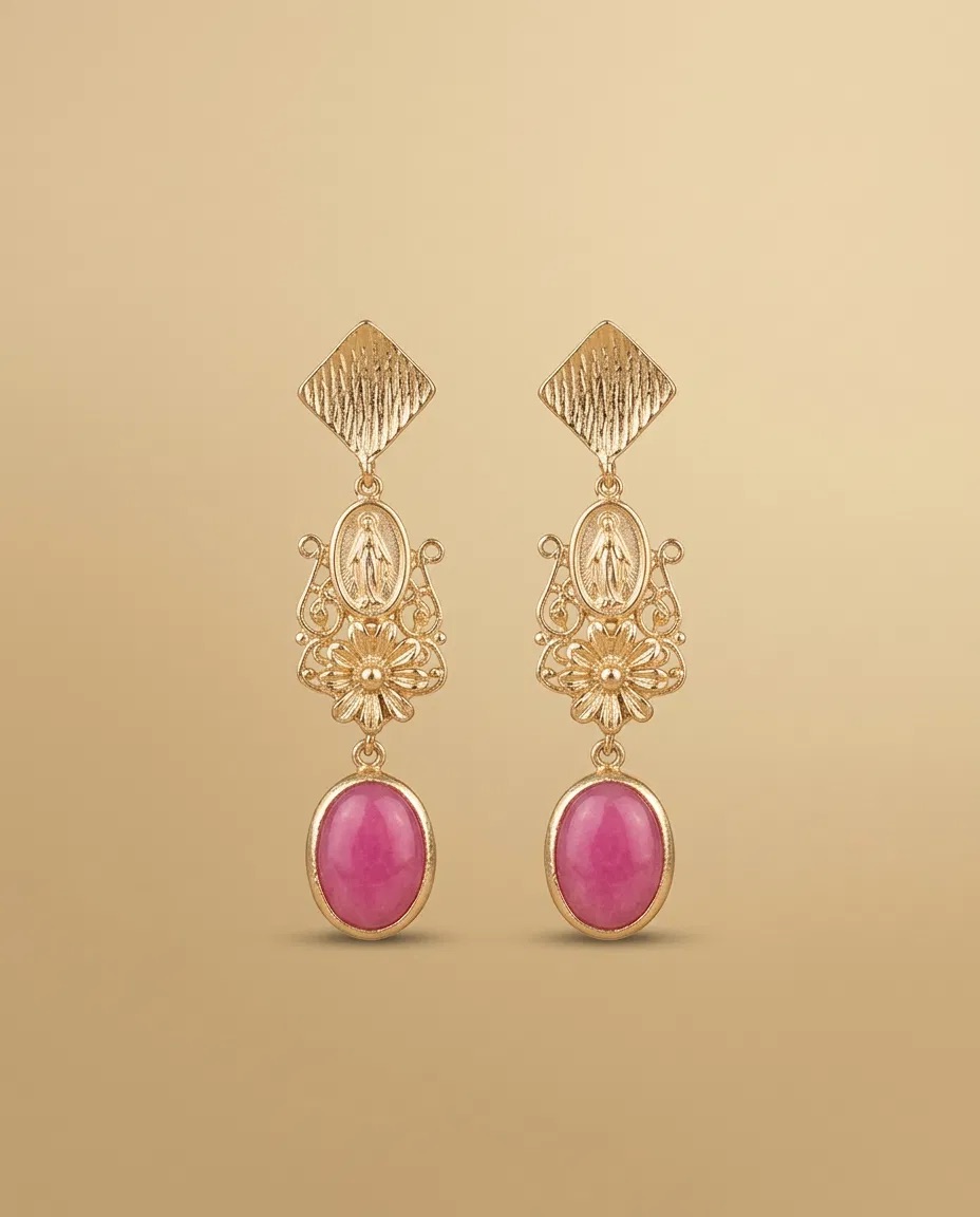 Filigree Medallion Pink Oval Stone Earrings