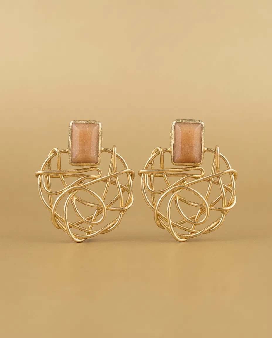 Peach Rectangle Stone Gold Wire Nest Earrings