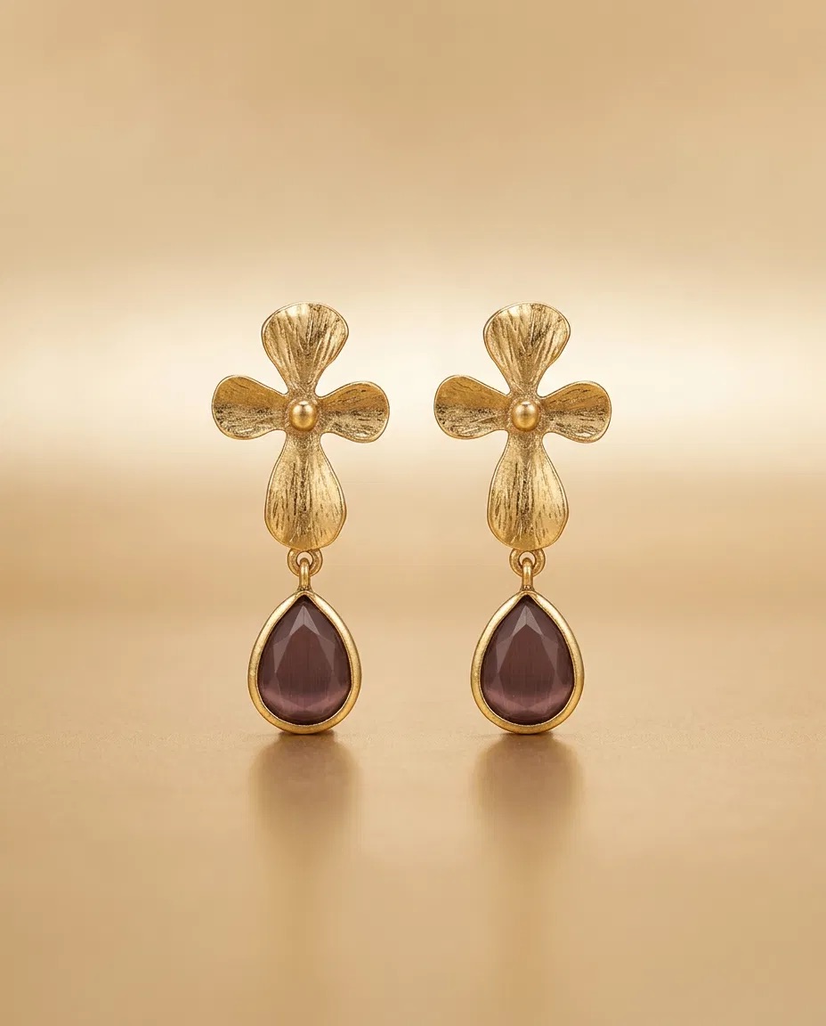 Brushed Cross Flower Mauve Teardrop Earrings