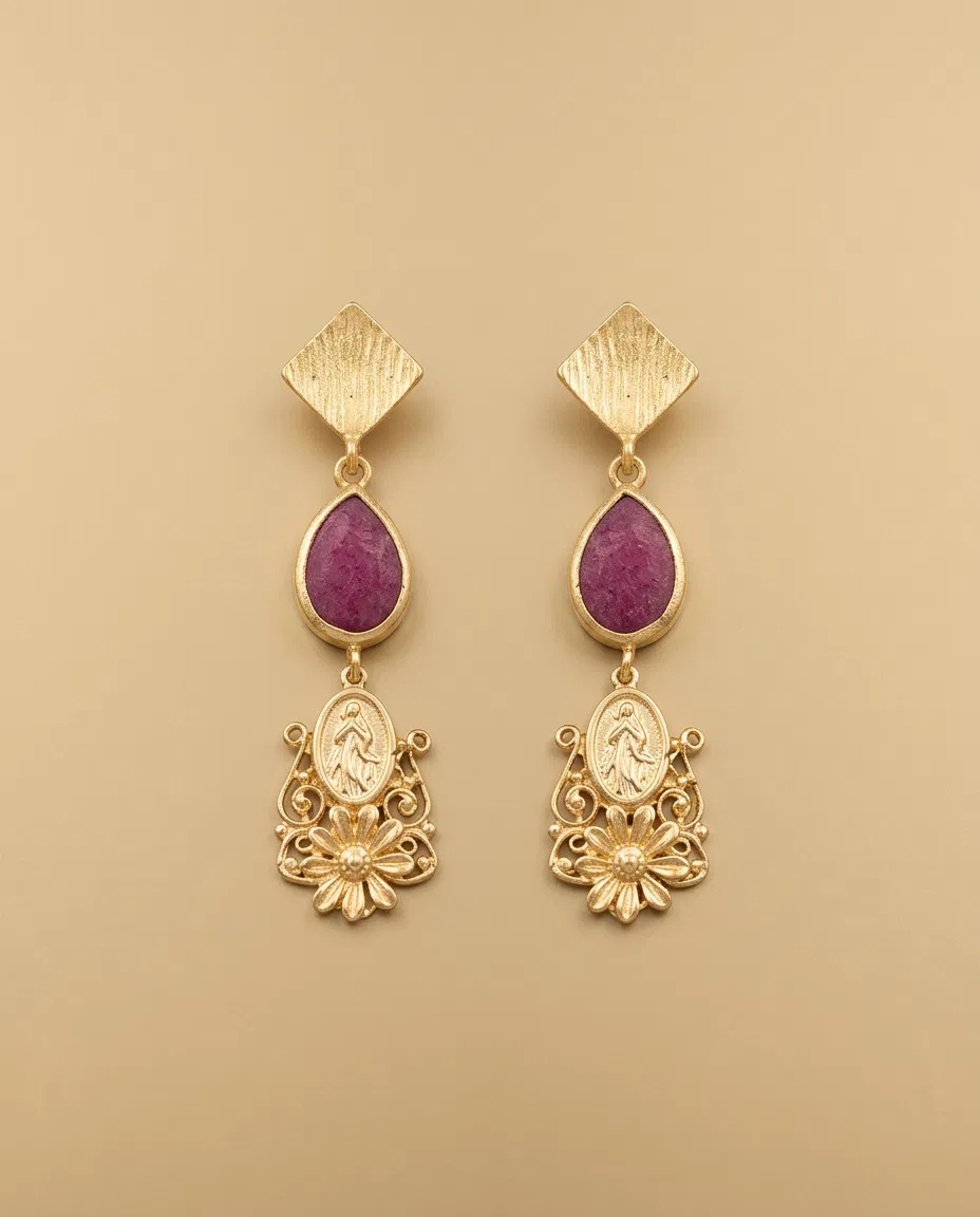 Brushed Diamond Fuchsia Teardrop Filigree Earrings