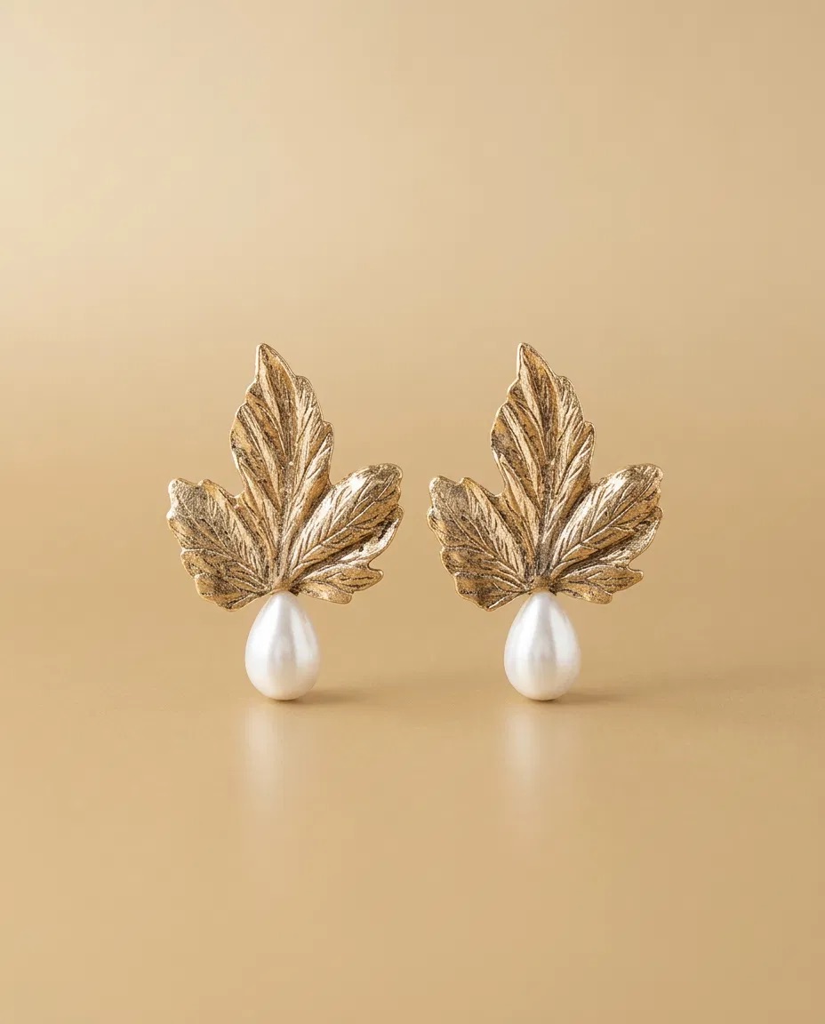 Sculpted Grape Leaf Pearl-Look Drop Earrings