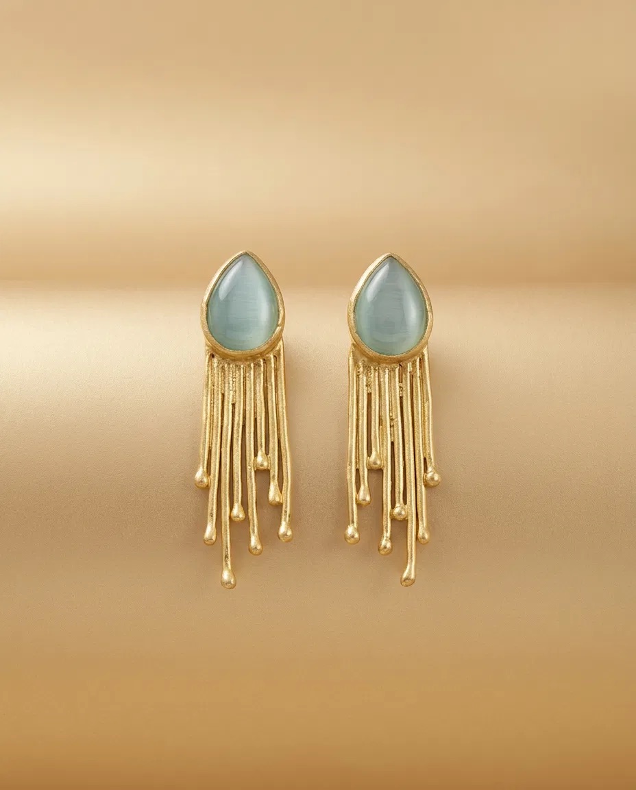 Aqua Teardrop Gold Drip Fringe Earrings