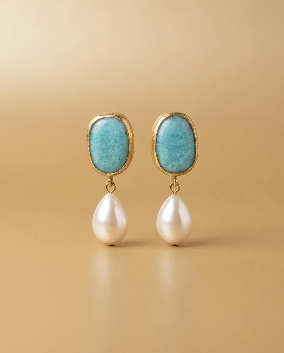 Turquoise Color Oval Stone Pearl-Look Drop Earrings