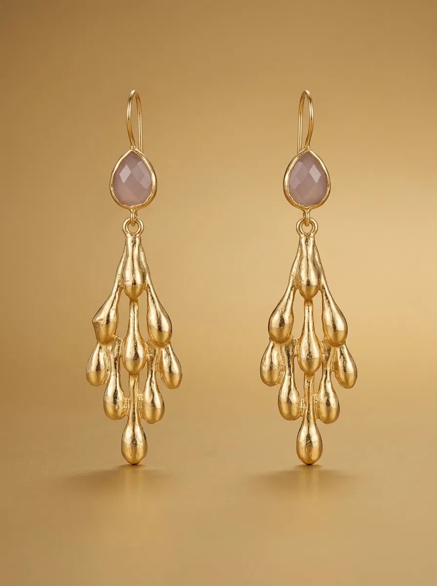Pink Teardrop Gold Drip Cascade Earrings