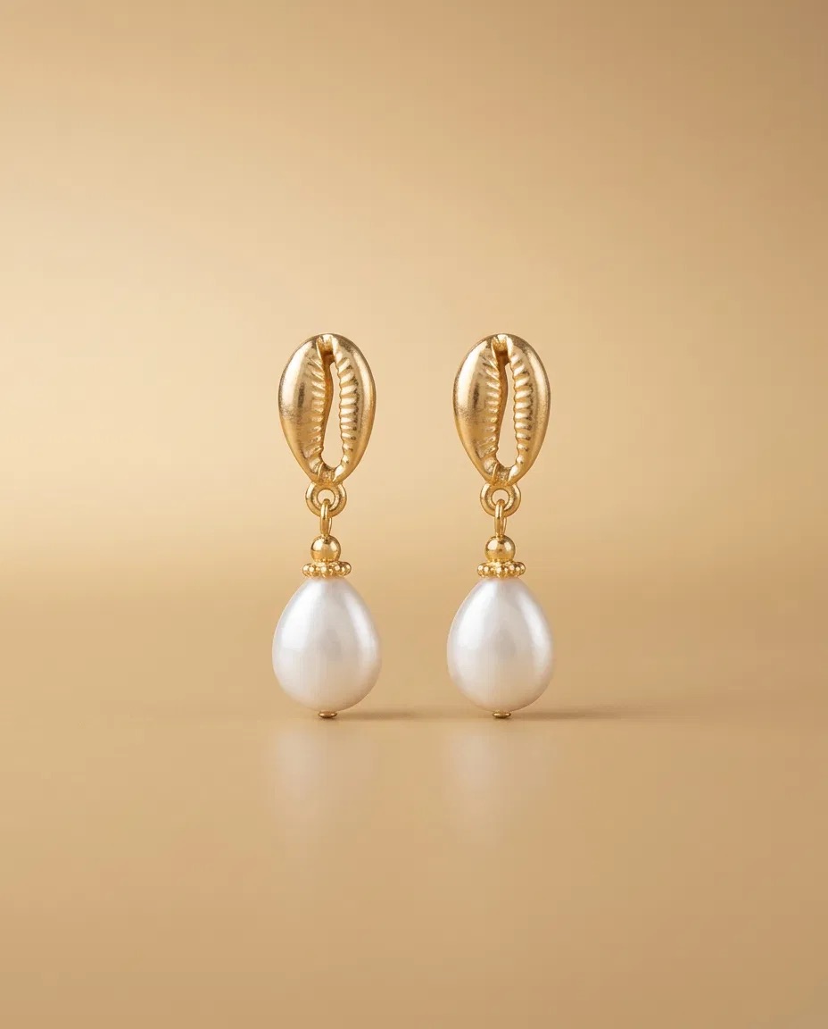 Gold Cowrie Shell Pearl-Look Drop Earrings