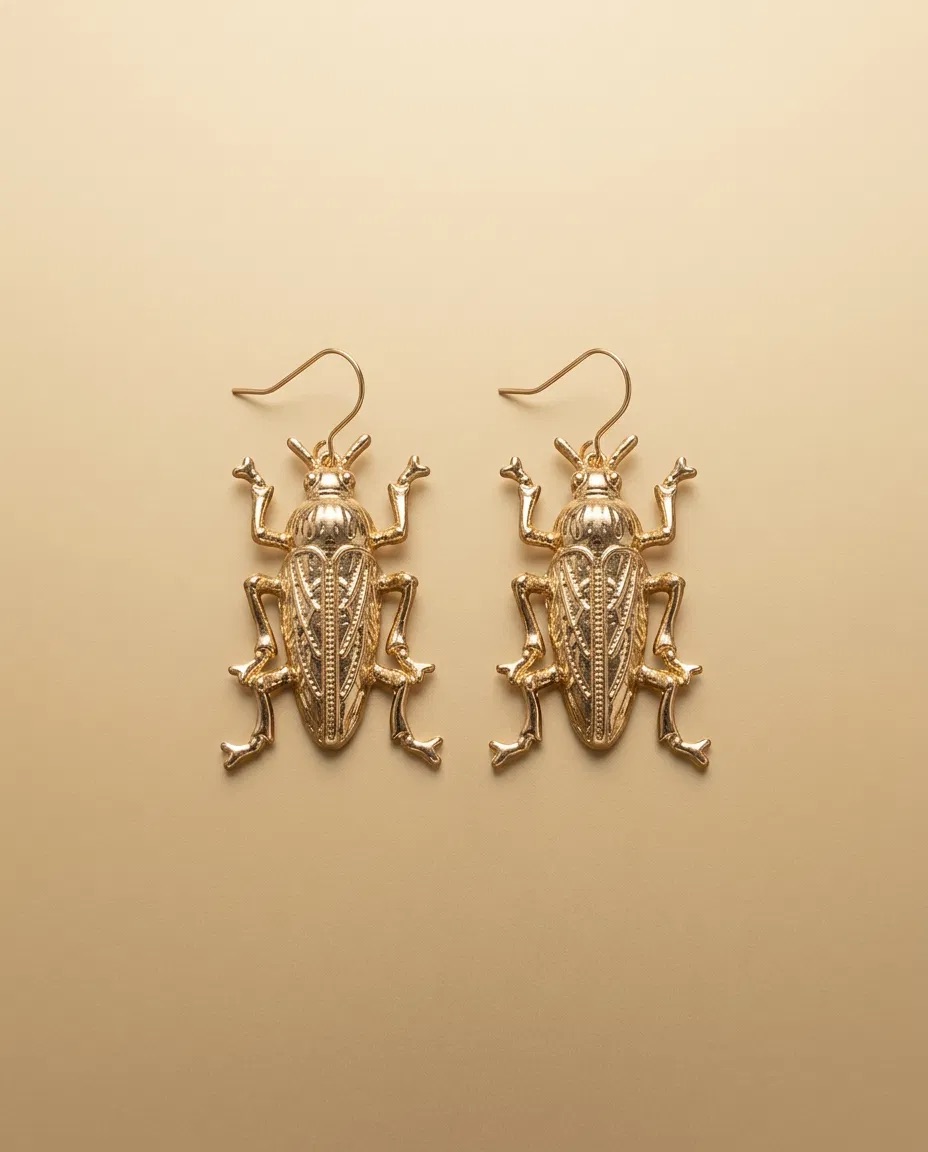 Gold Beetle Hook Earrings