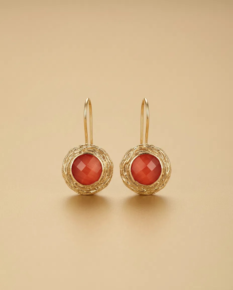 Coral Red Stone Textured Bezel Hook Earrings
