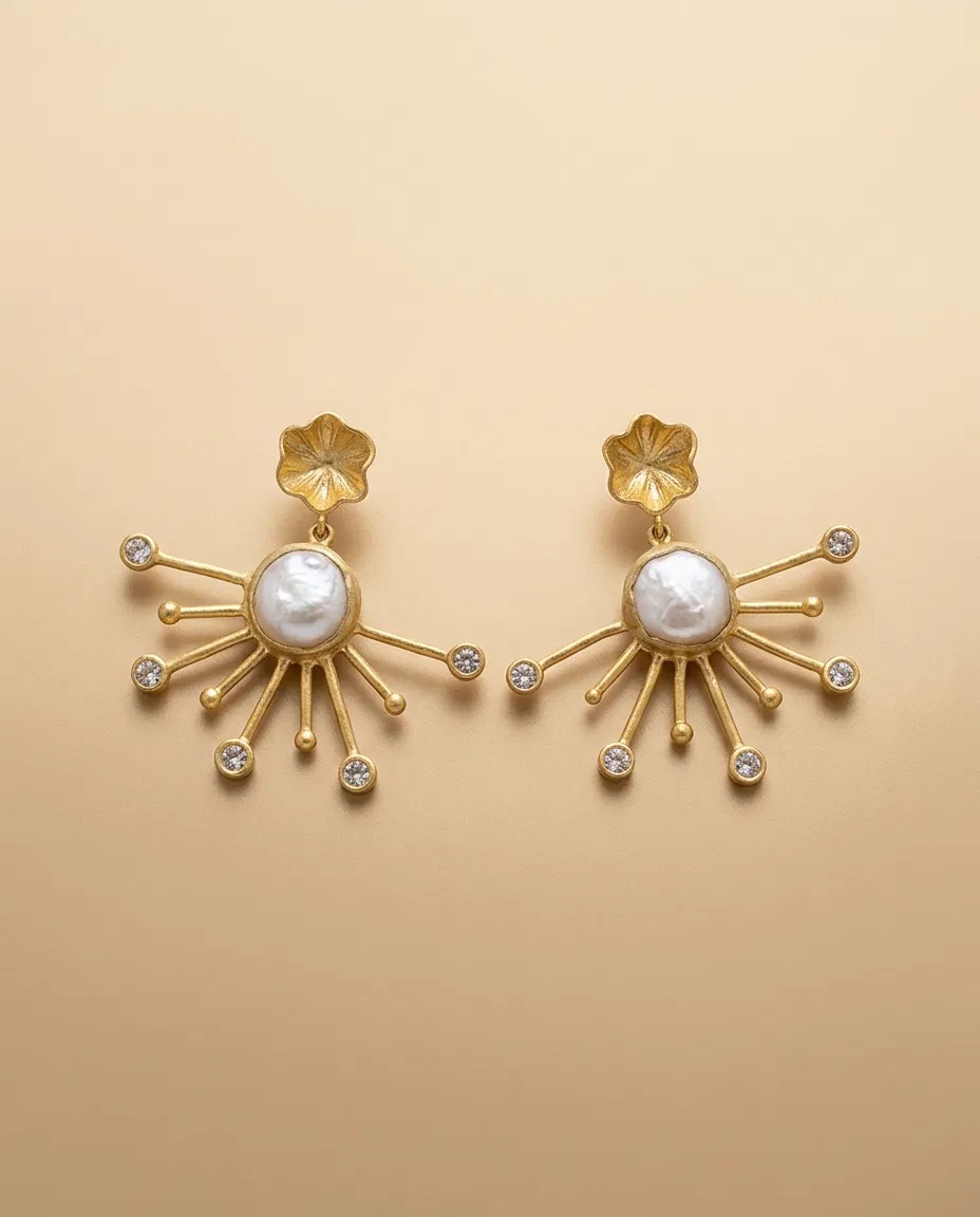 Flower Stud Pearl-Look Crystal Ray Earrings