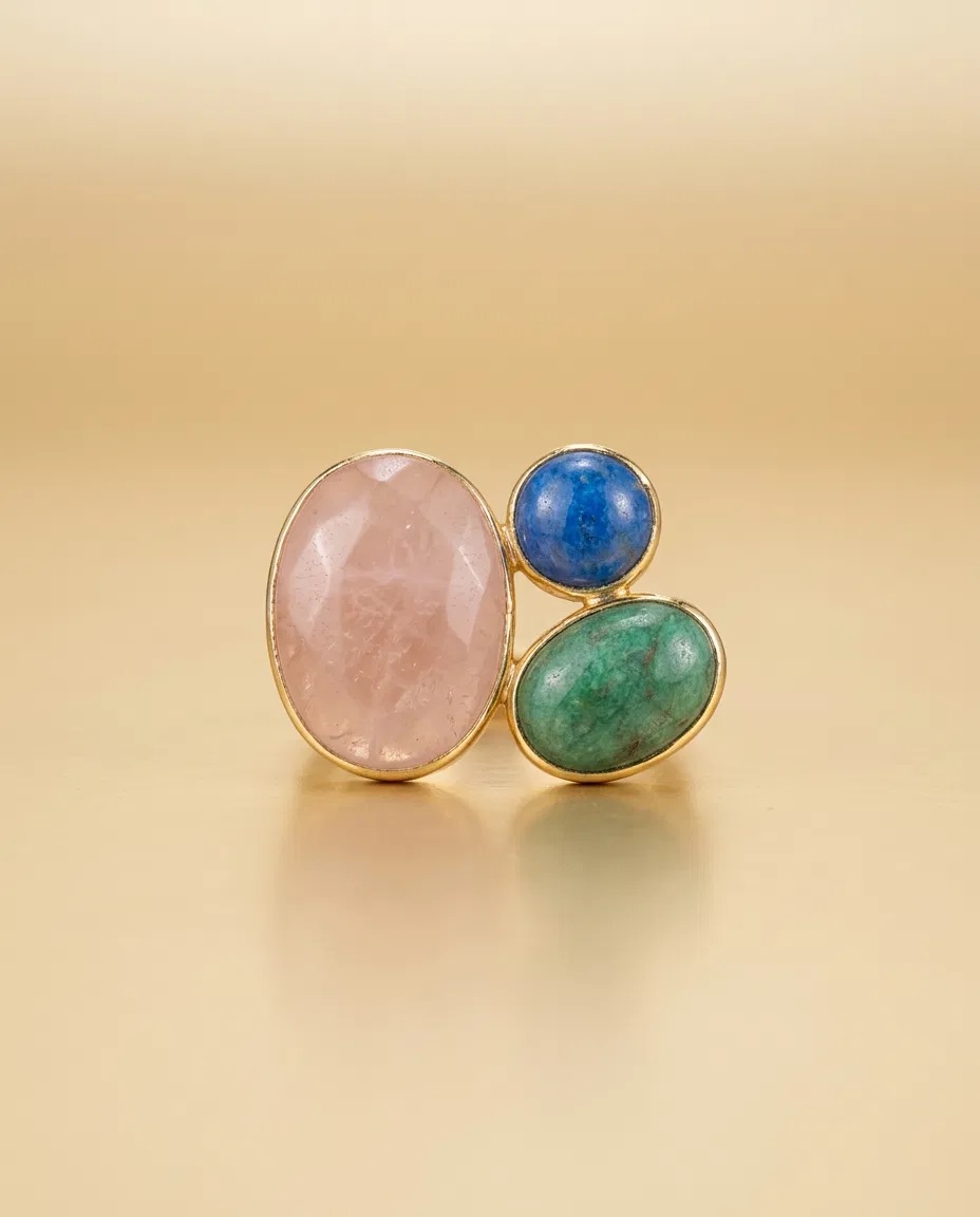 Pink Blue and Green Triple Stone Cluster Ring