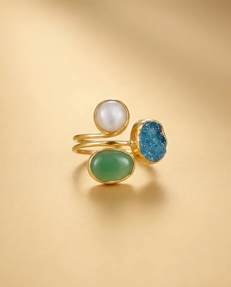 Pearl-Look Druzy and Green Stone Wrap Ring