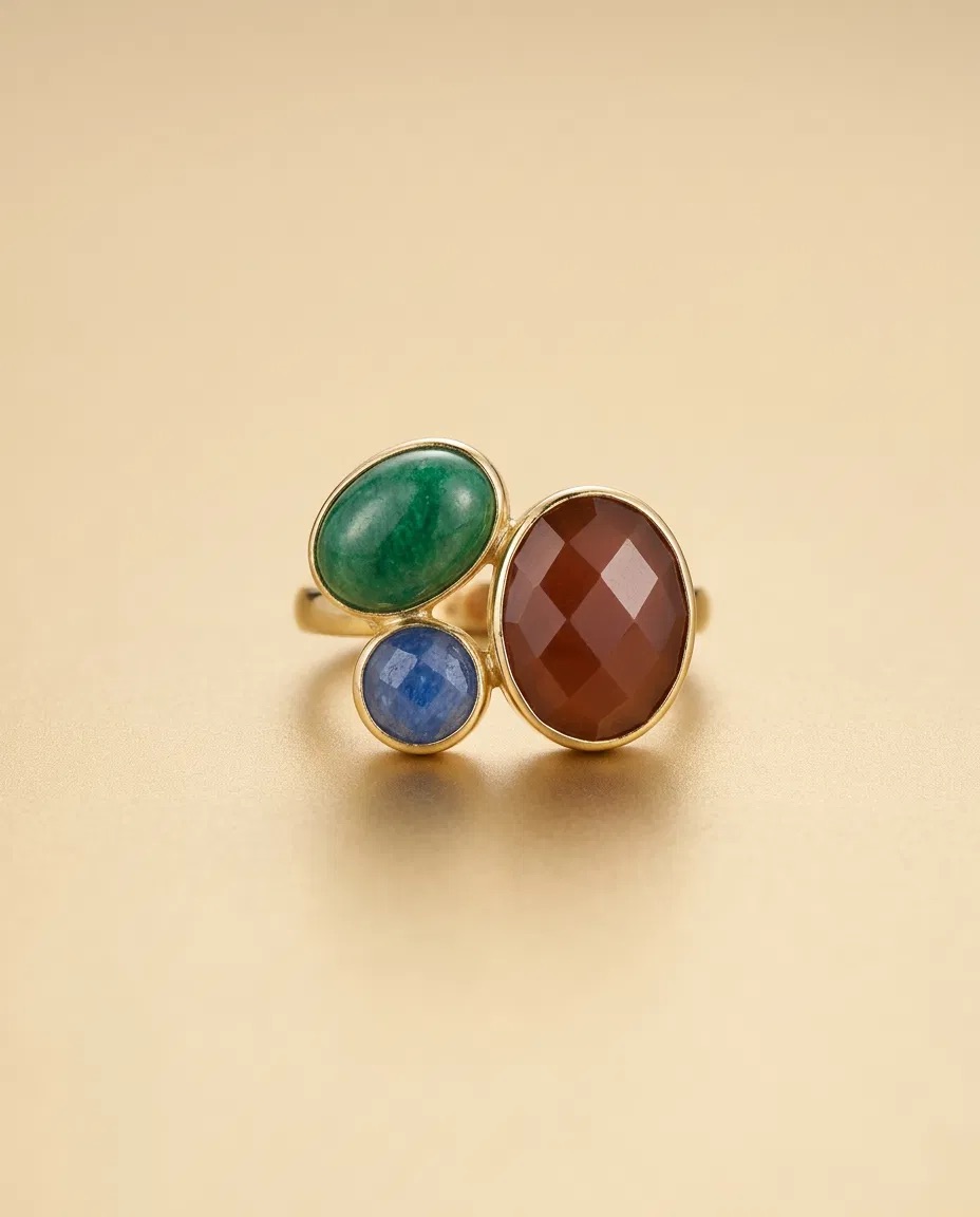 Green Blue and Red Triple Stone Cluster Ring