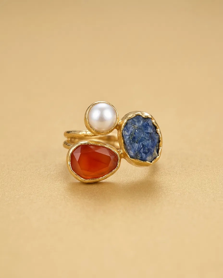 Pearl-Look Raw Blue and Carnelian Look Stone Ring