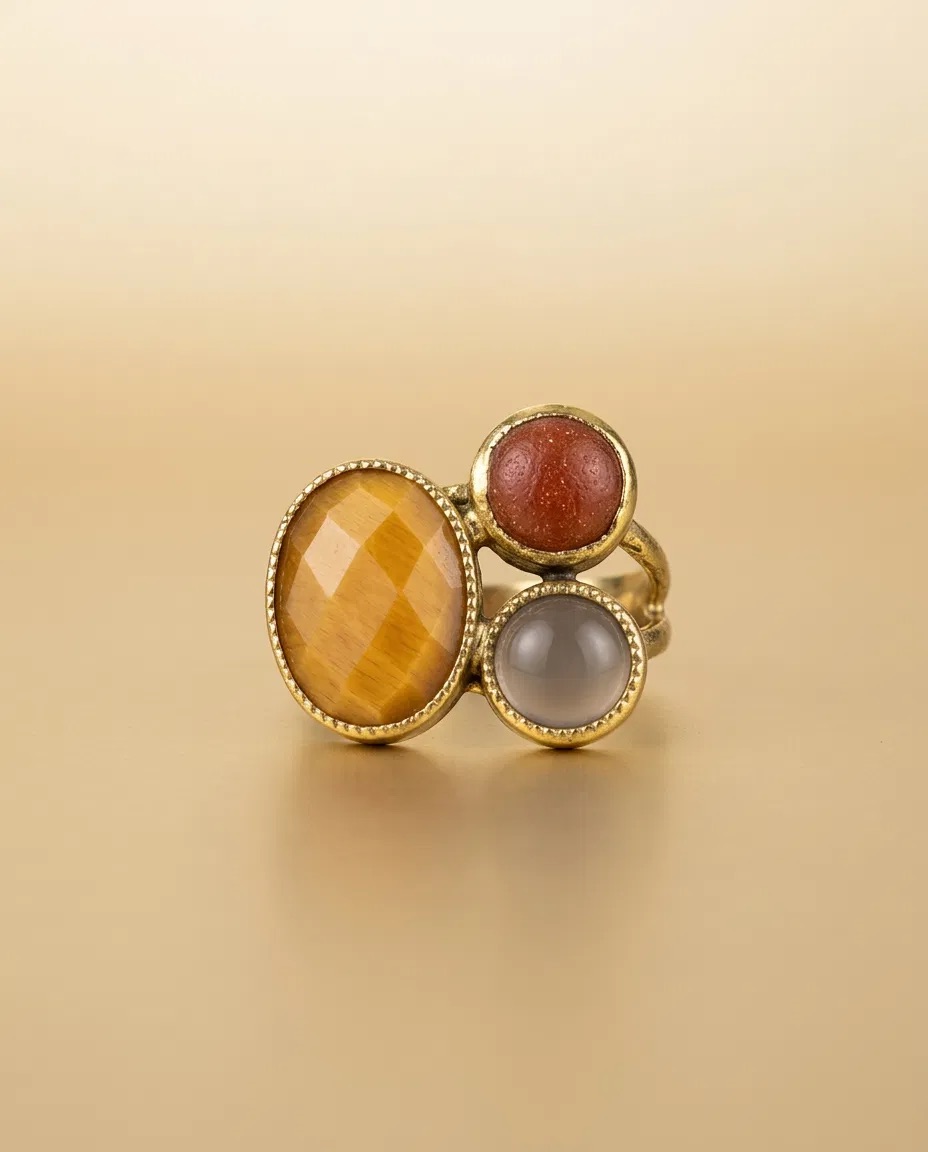 Tiger Eye Look Goldstone and Grey Stone Cluster Ring