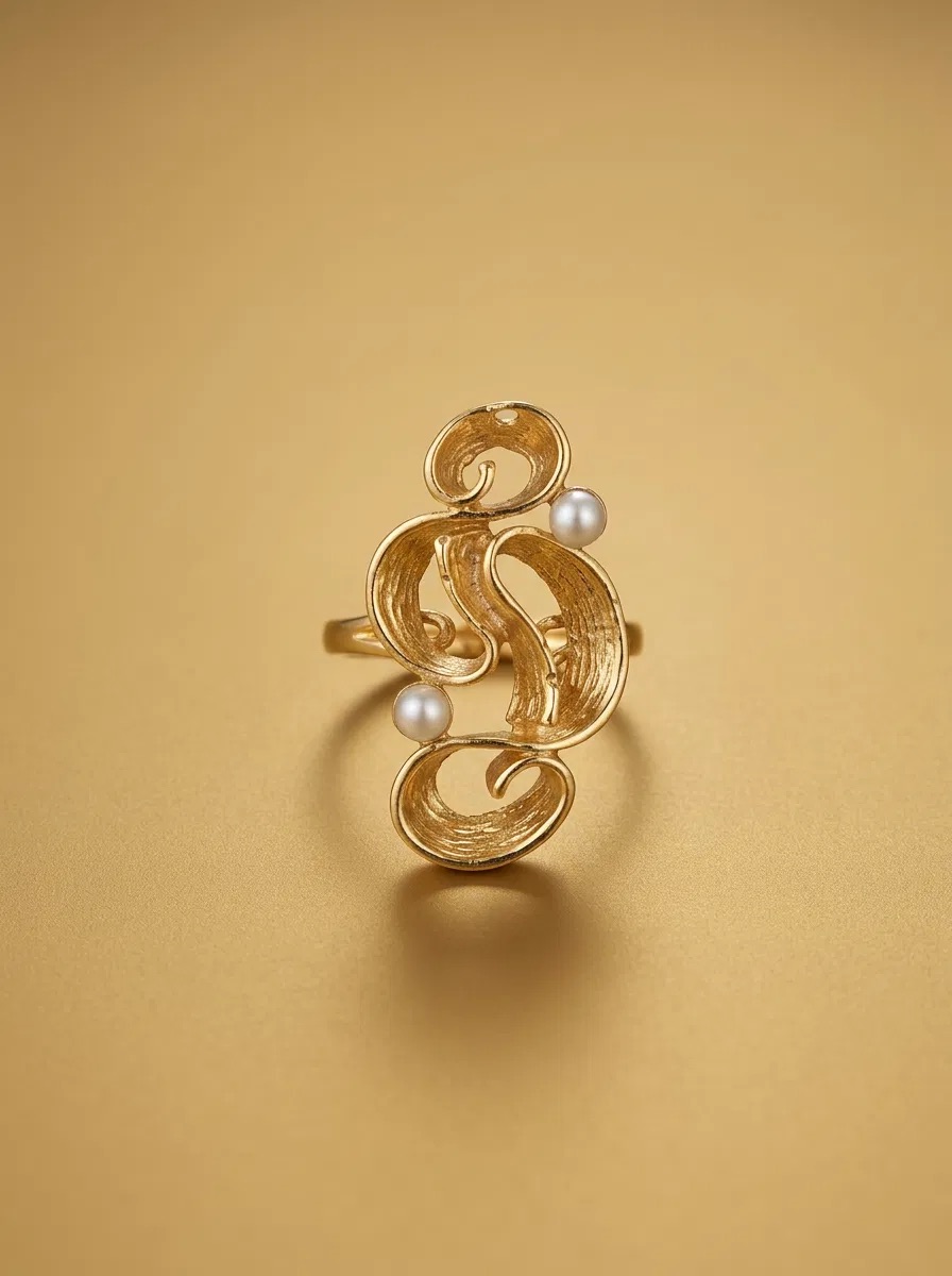 Gold Swirl Ribbon Pearl-Look Ring