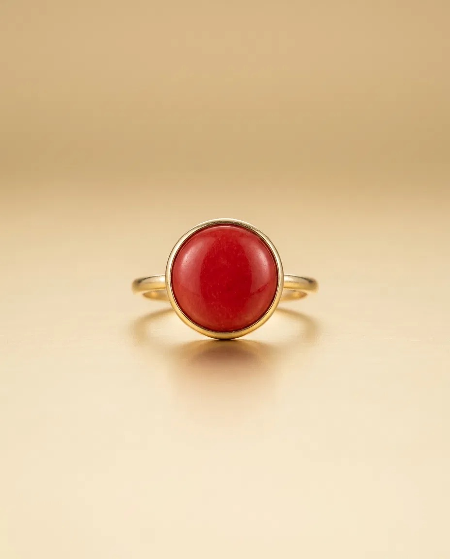 Red Coral Look Round Cabochon Ring