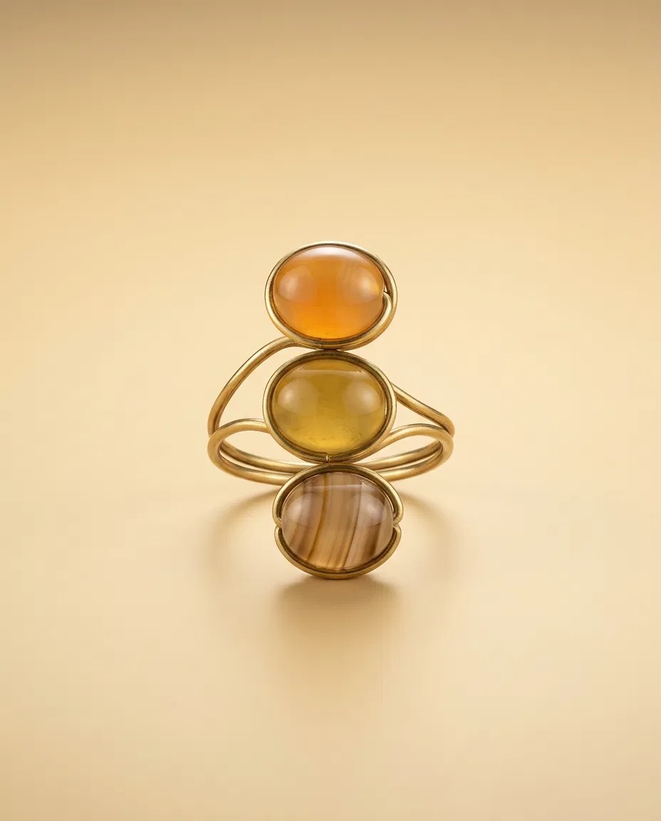 Amber Yellow and Banded Agate Look Triple Stone Ring