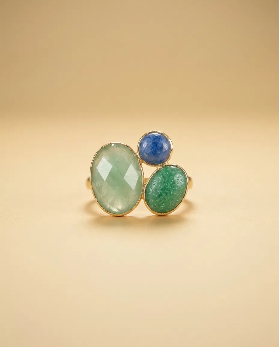 Aventurine Look Green and Blue Stone Cluster Ring