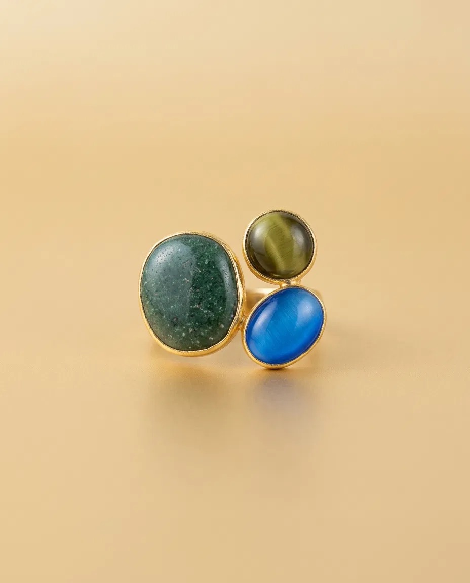 Green Olive and Blue Stone Cluster Ring