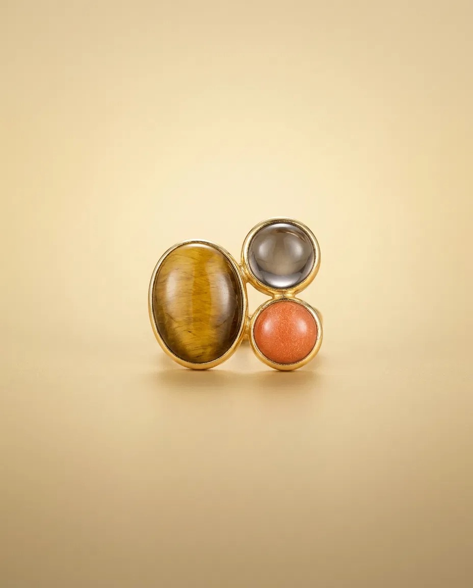 Tiger Eye Look Grey and Coral Stone Cluster Ring