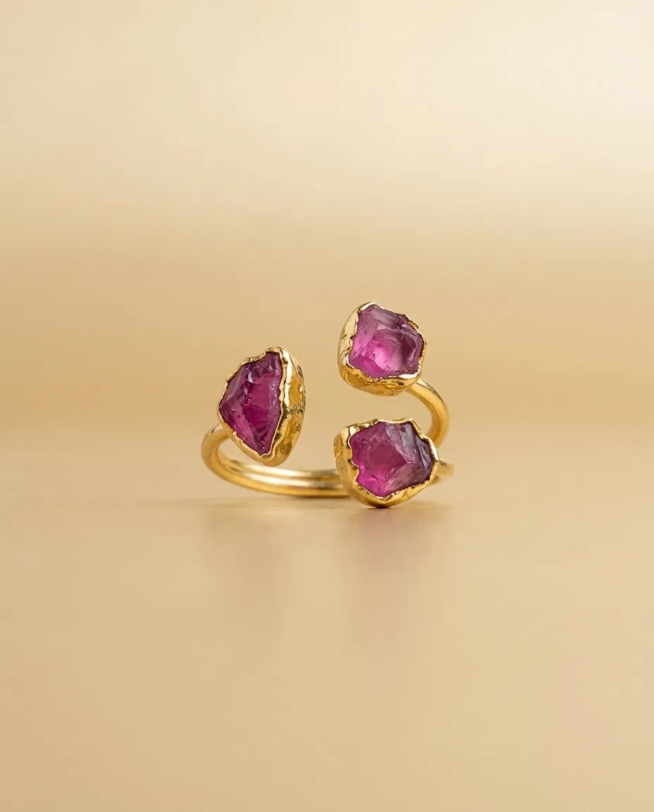 Raw Magenta Stone Triple Open Ring