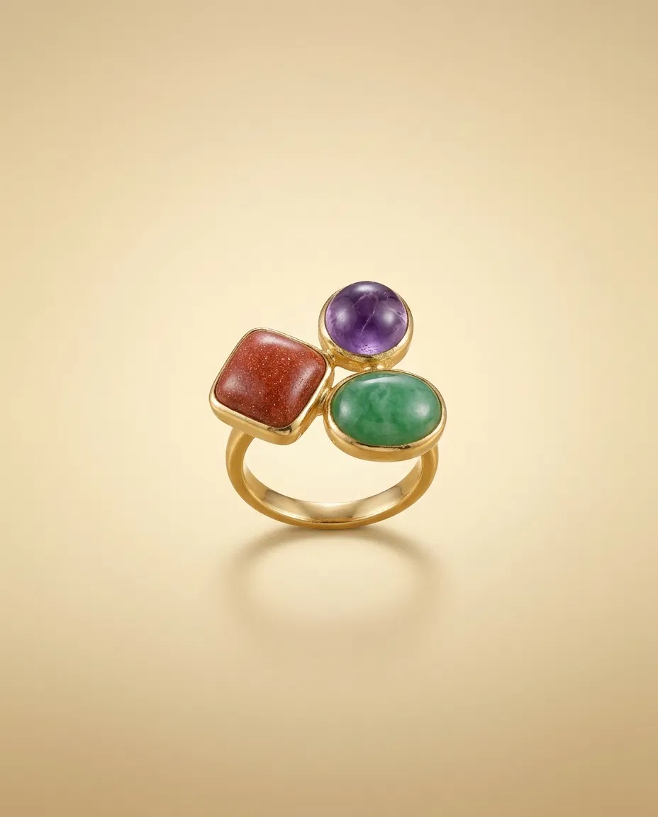 Goldstone Amethyst Look and Green Stone Ring
