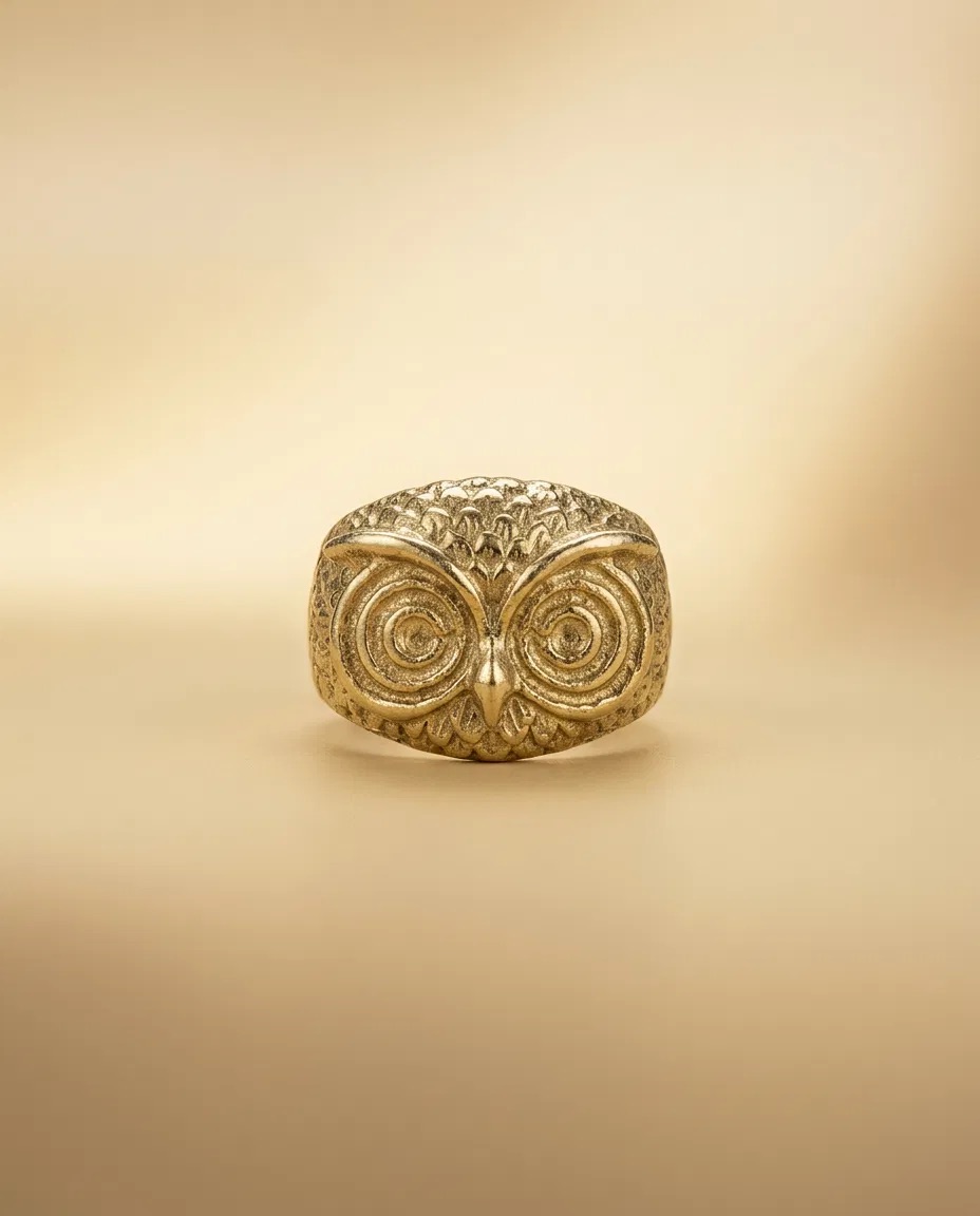 Gold Owl Face Signet Ring