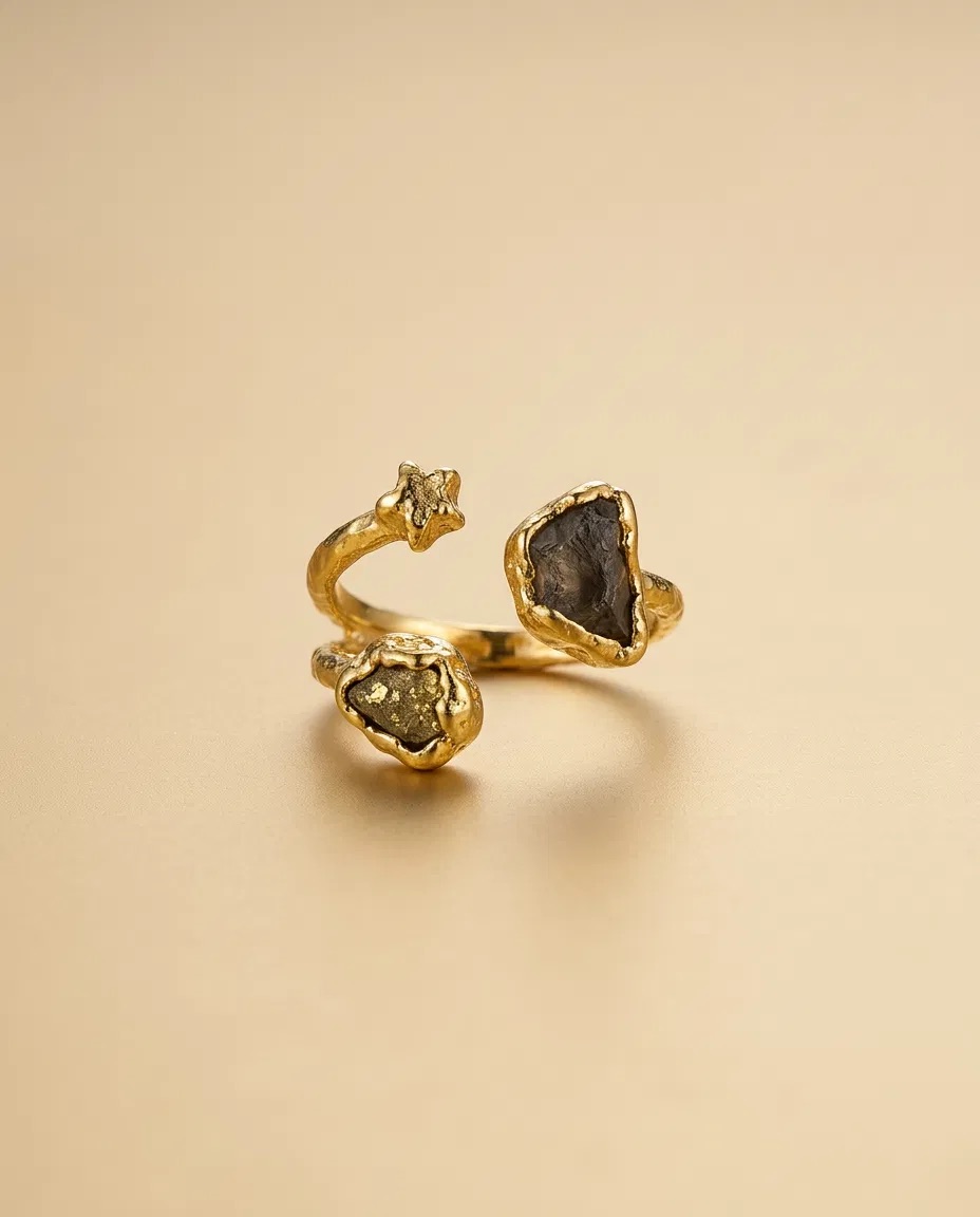 Raw Smoky Stone Gold Star Open Ring