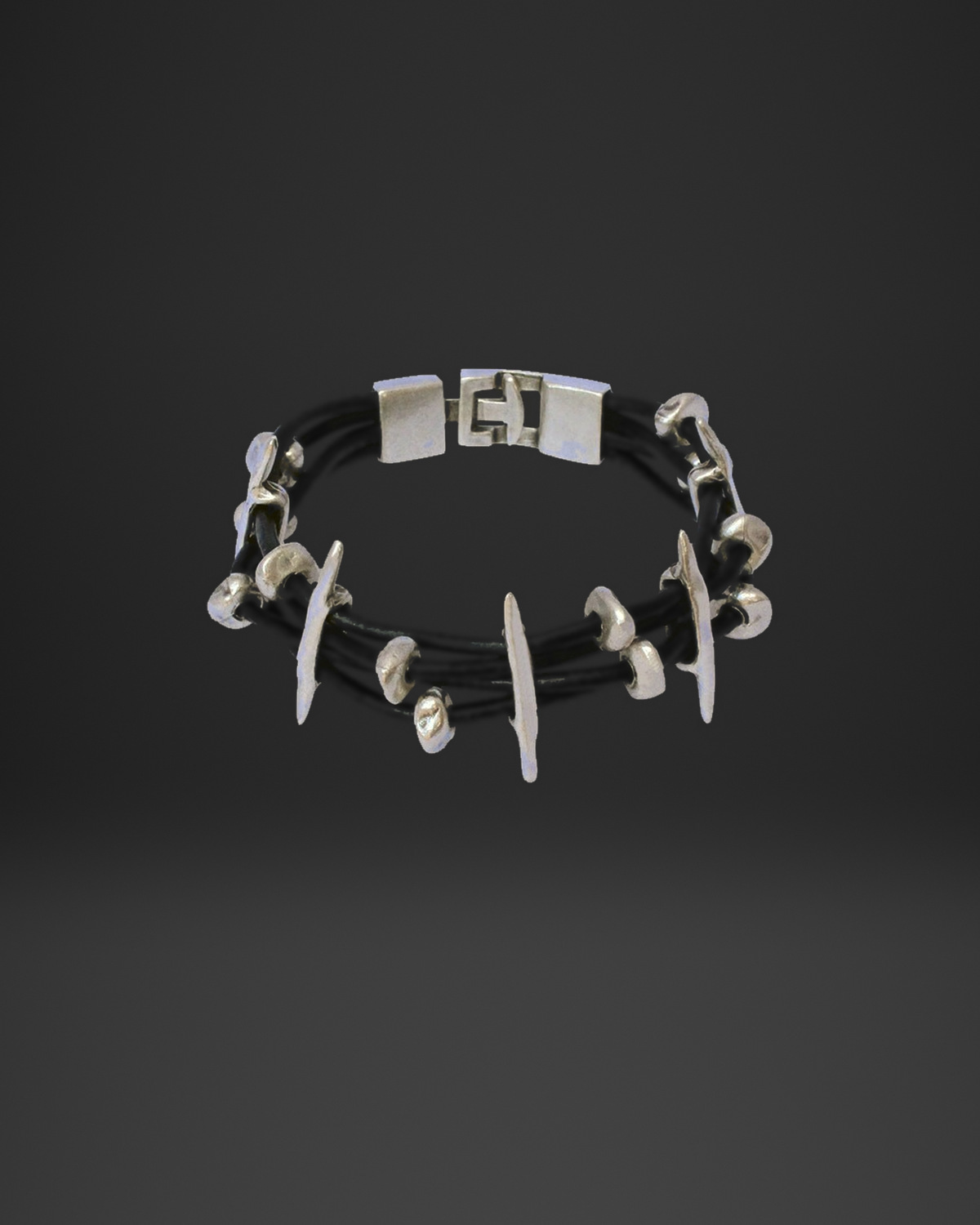Bone Spike and Crescent Multi-Strand Leather Bracelet