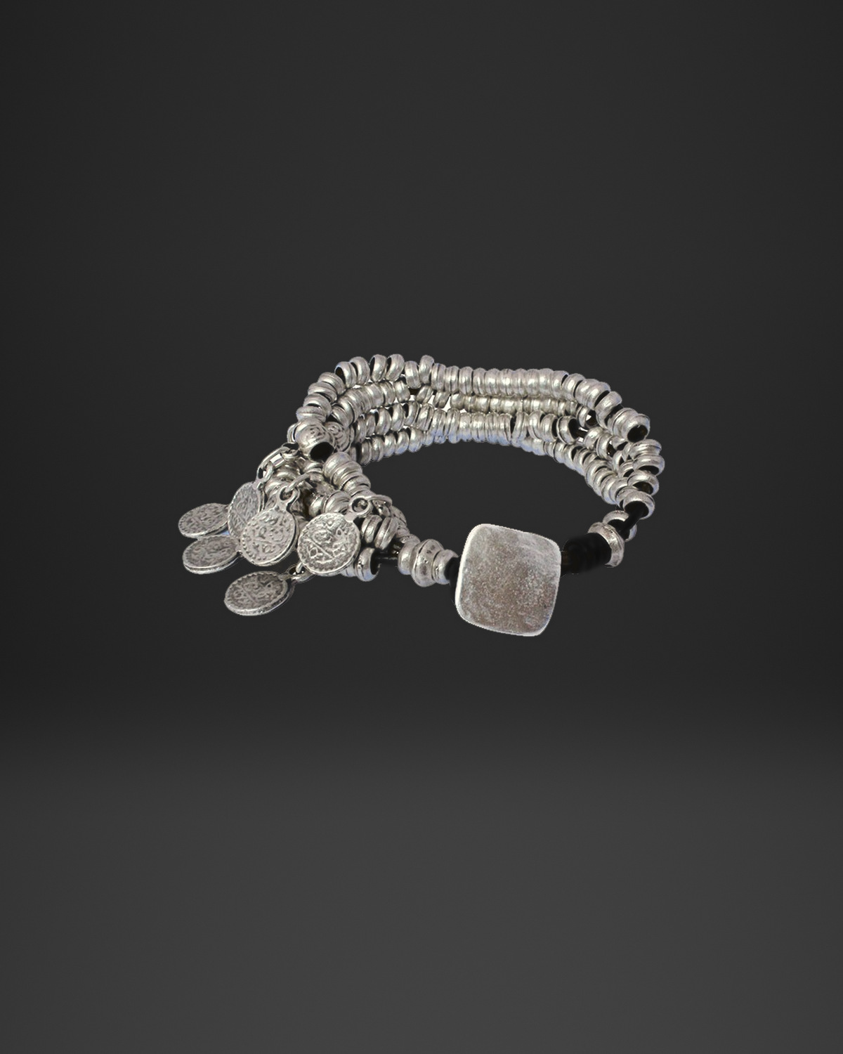 Square Plate and Coin Cluster Multi-Strand Bracelet