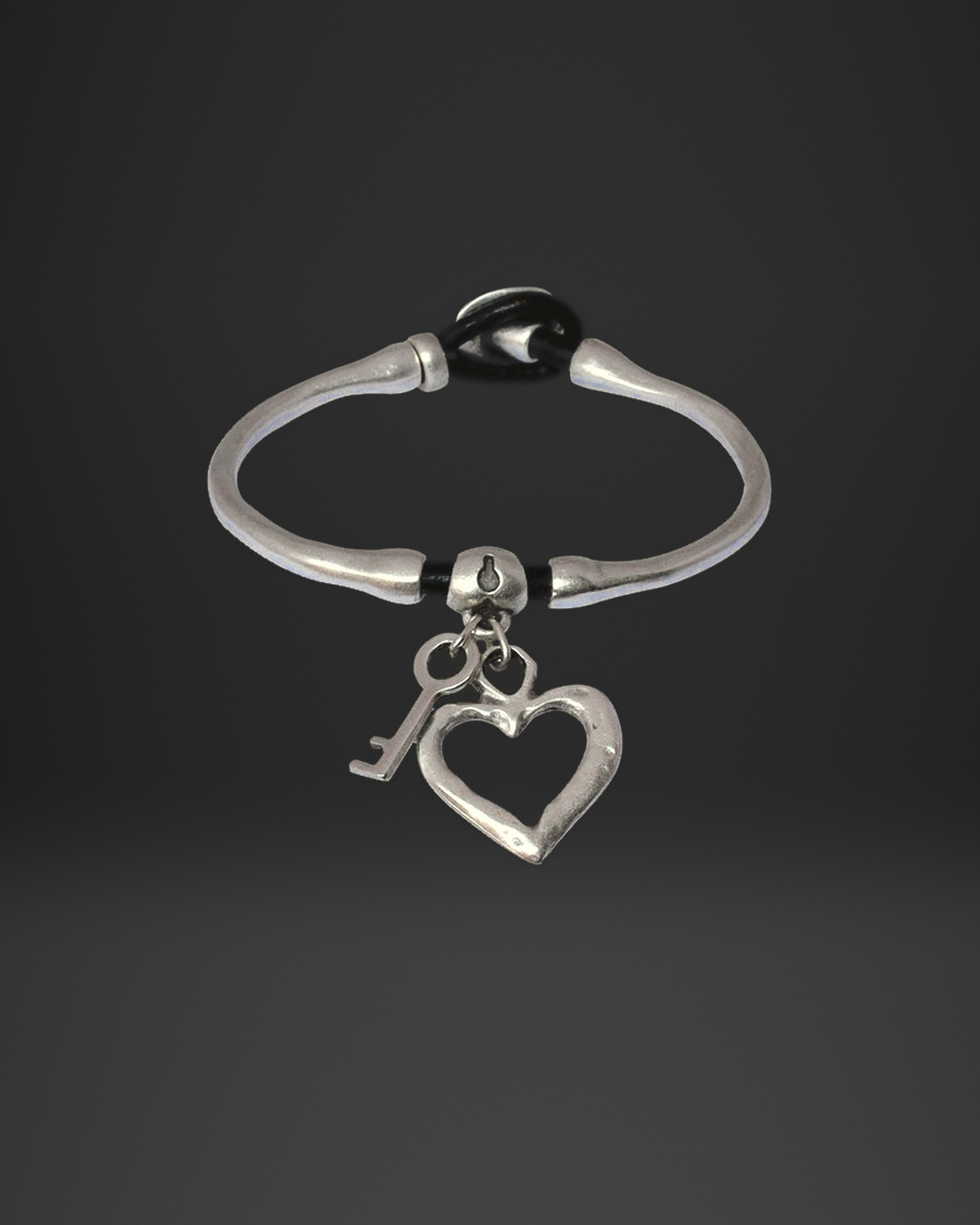 Heart and Key Charm Organic Bangle Bracelet