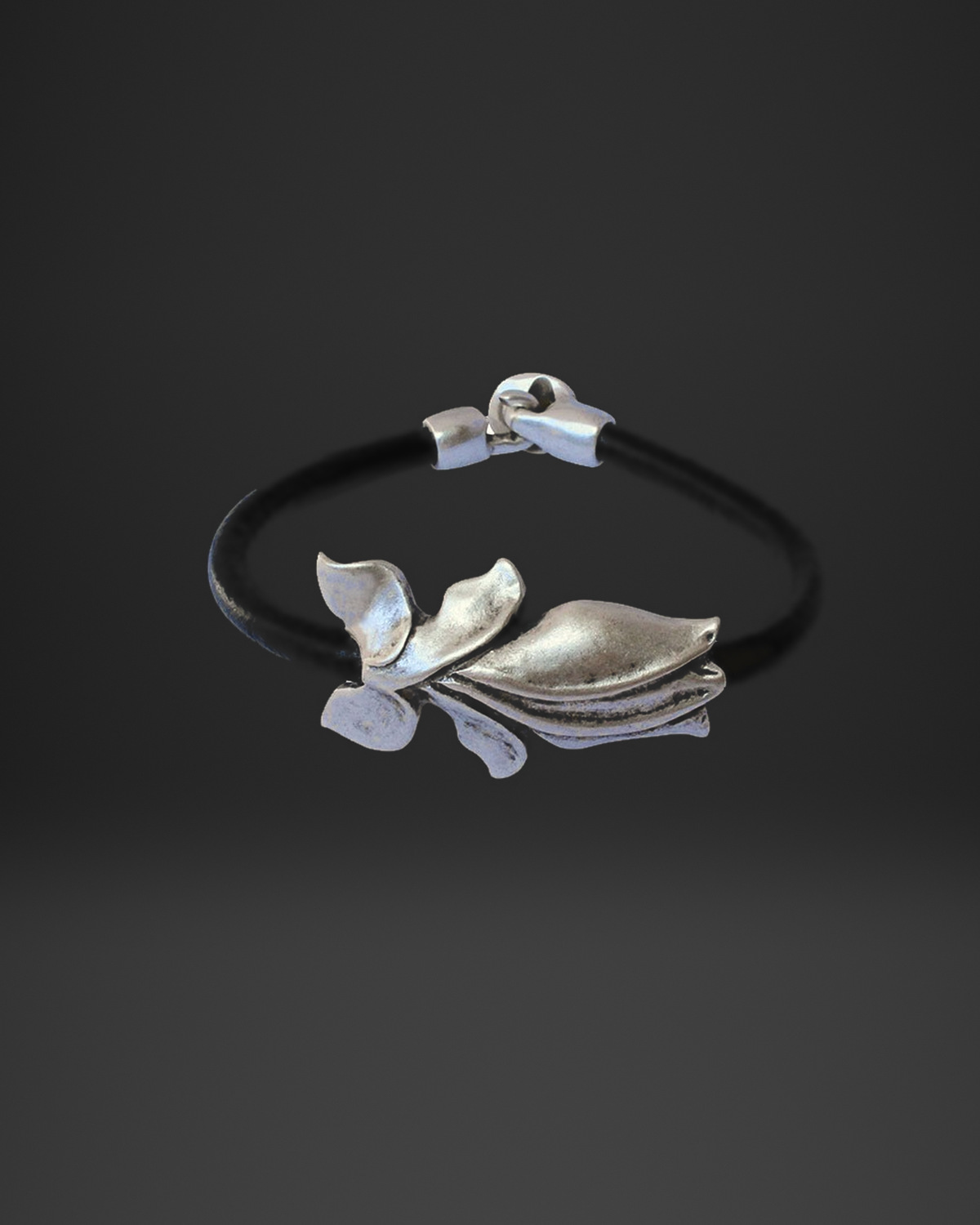 Sculpted Silver Leaf Leather Bracelet