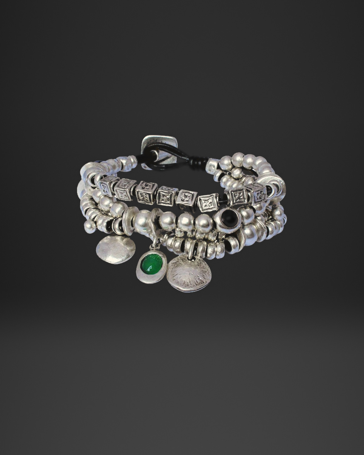Square Glyph Bead Triple-Strand Charm Bracelet