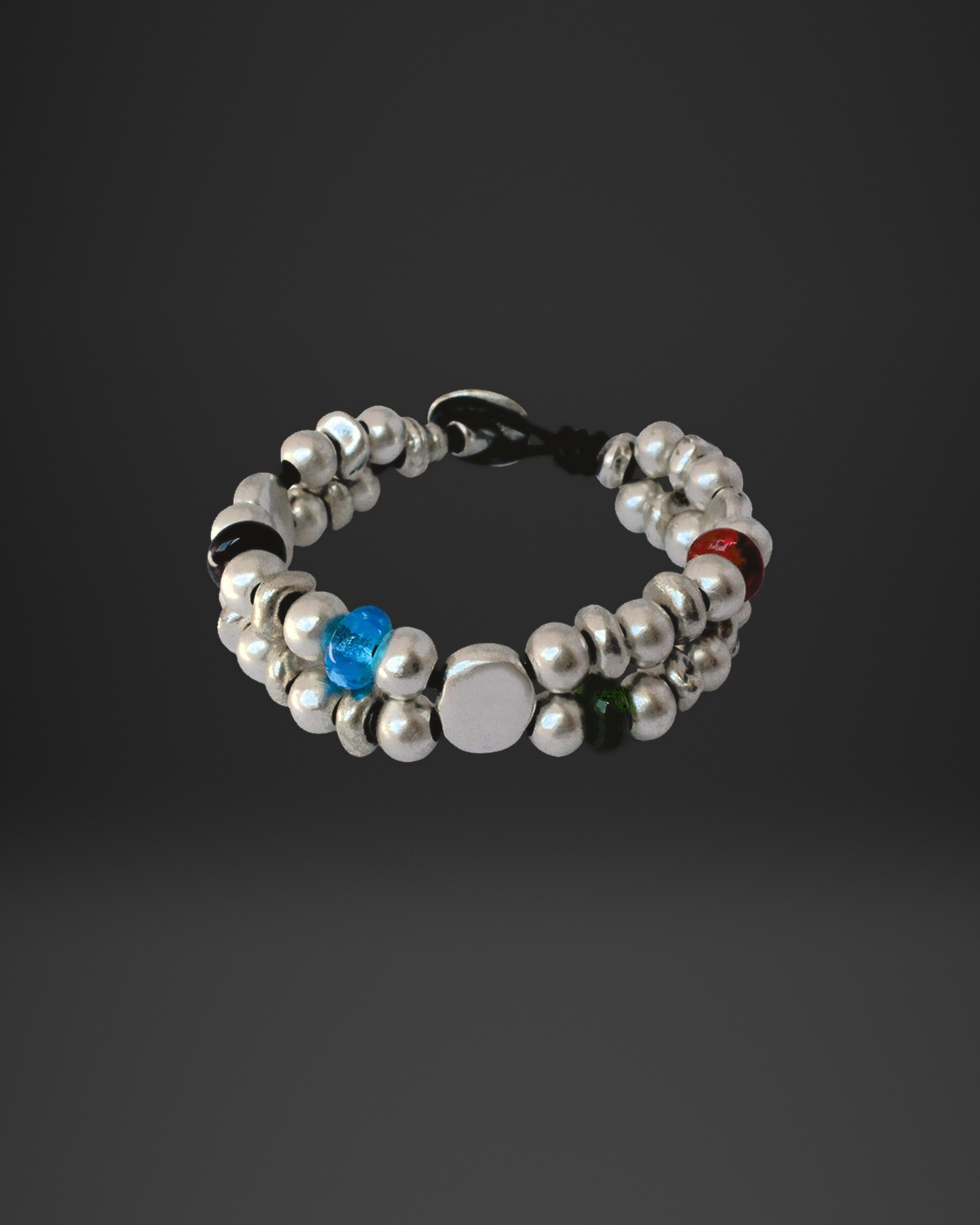 Glass Bead Accent Double-Strand Silver Bracelet