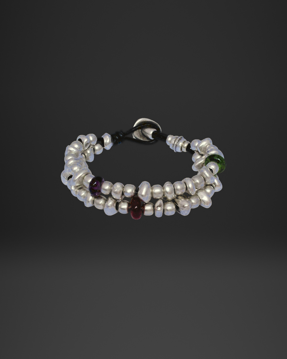 Nugget and Glass Bead Double-Strand Leather Bracelet