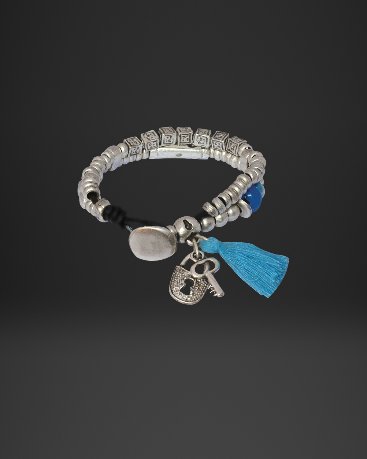 Turquoise Tassel Lock and Key Charm Bracelet
