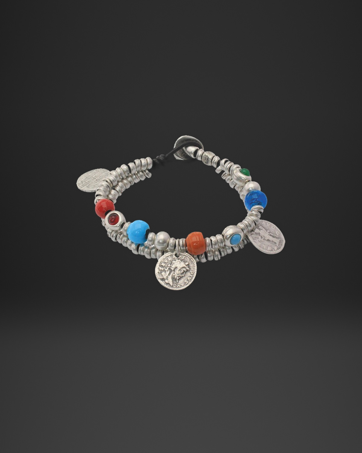 Colorful Bead and Coin Charm Leather Bracelet