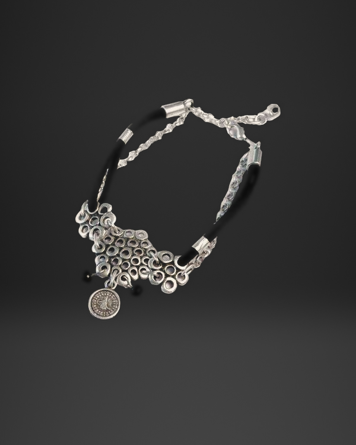 Open Ring Mesh and Coin Leather Chain Bracelet