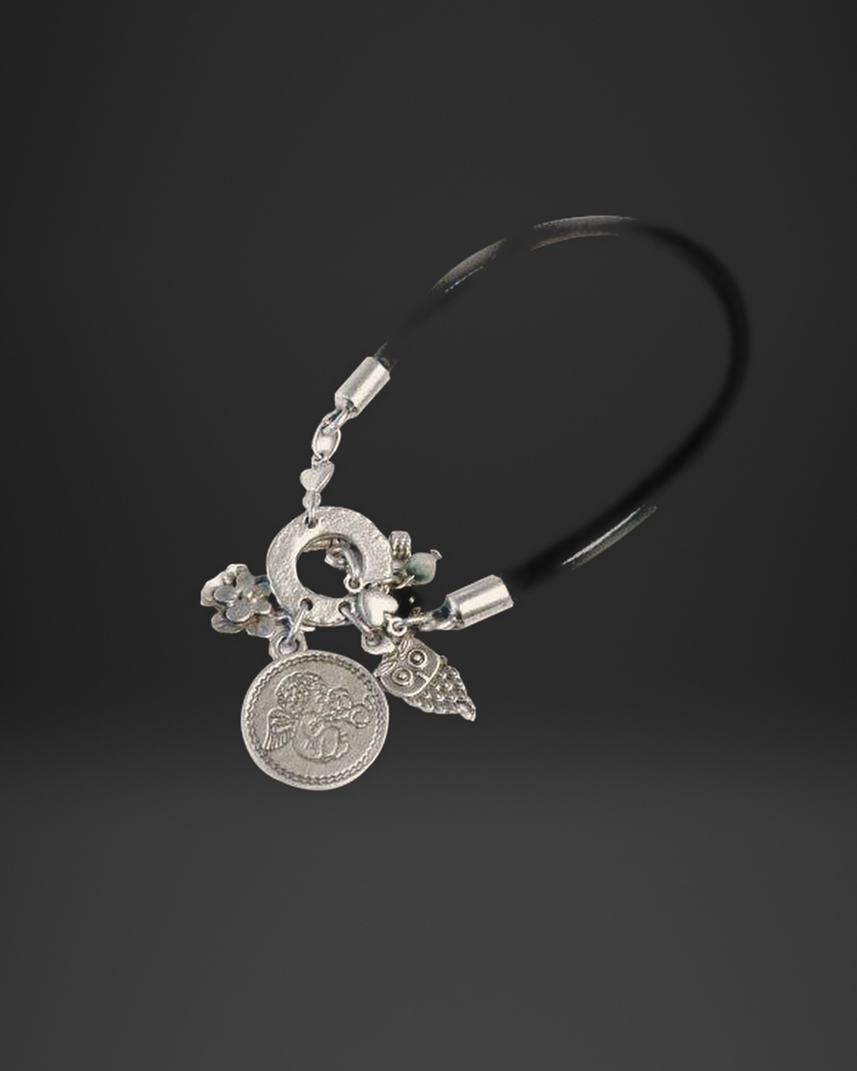 Owl and Coin Charm Black Leather Bracelet