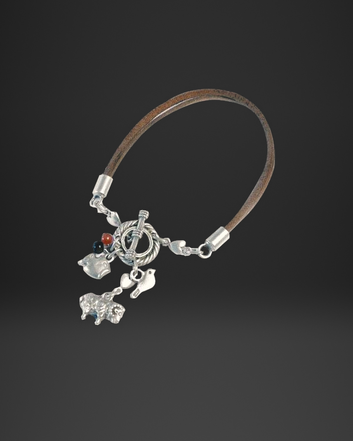 Pig and Bird Charm Brown Leather Bracelet