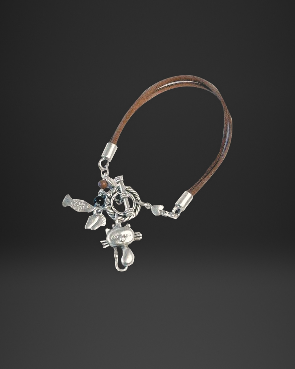 Cat and Fish Charm Brown Leather Bracelet