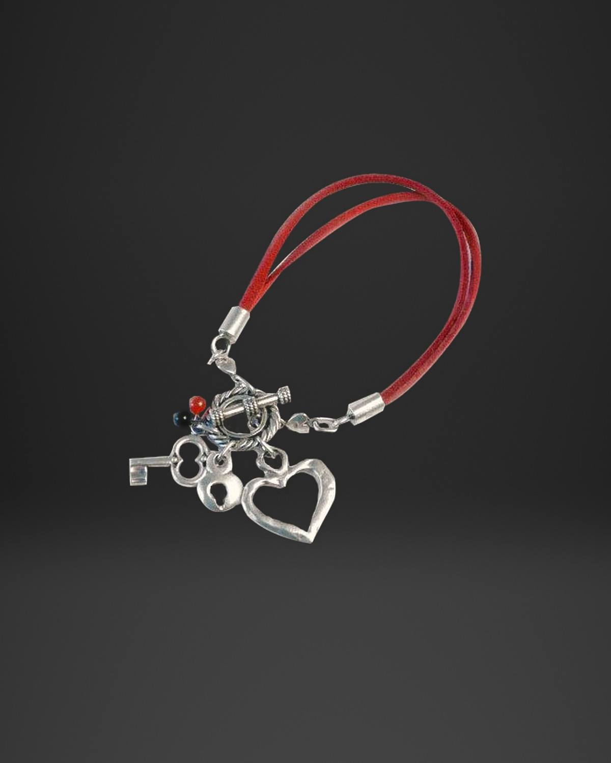 Key Lock and Heart Charm Red Leather Bracelet