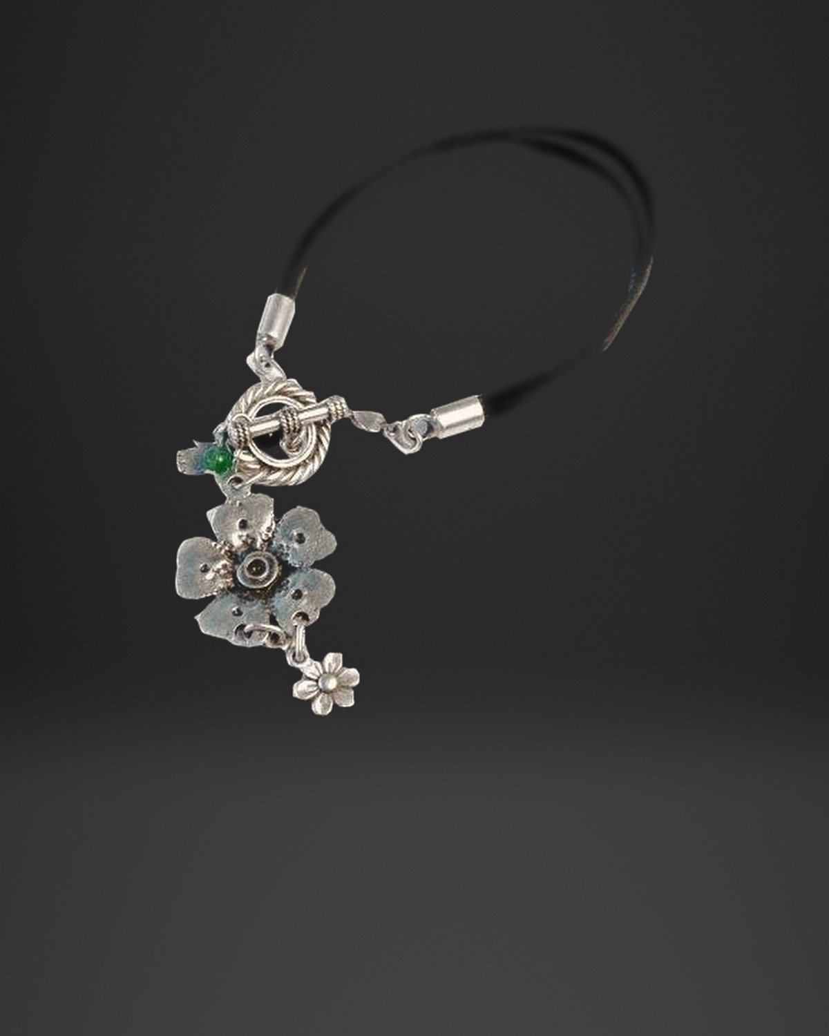 Flower Charm Black Leather Toggle Bracelet