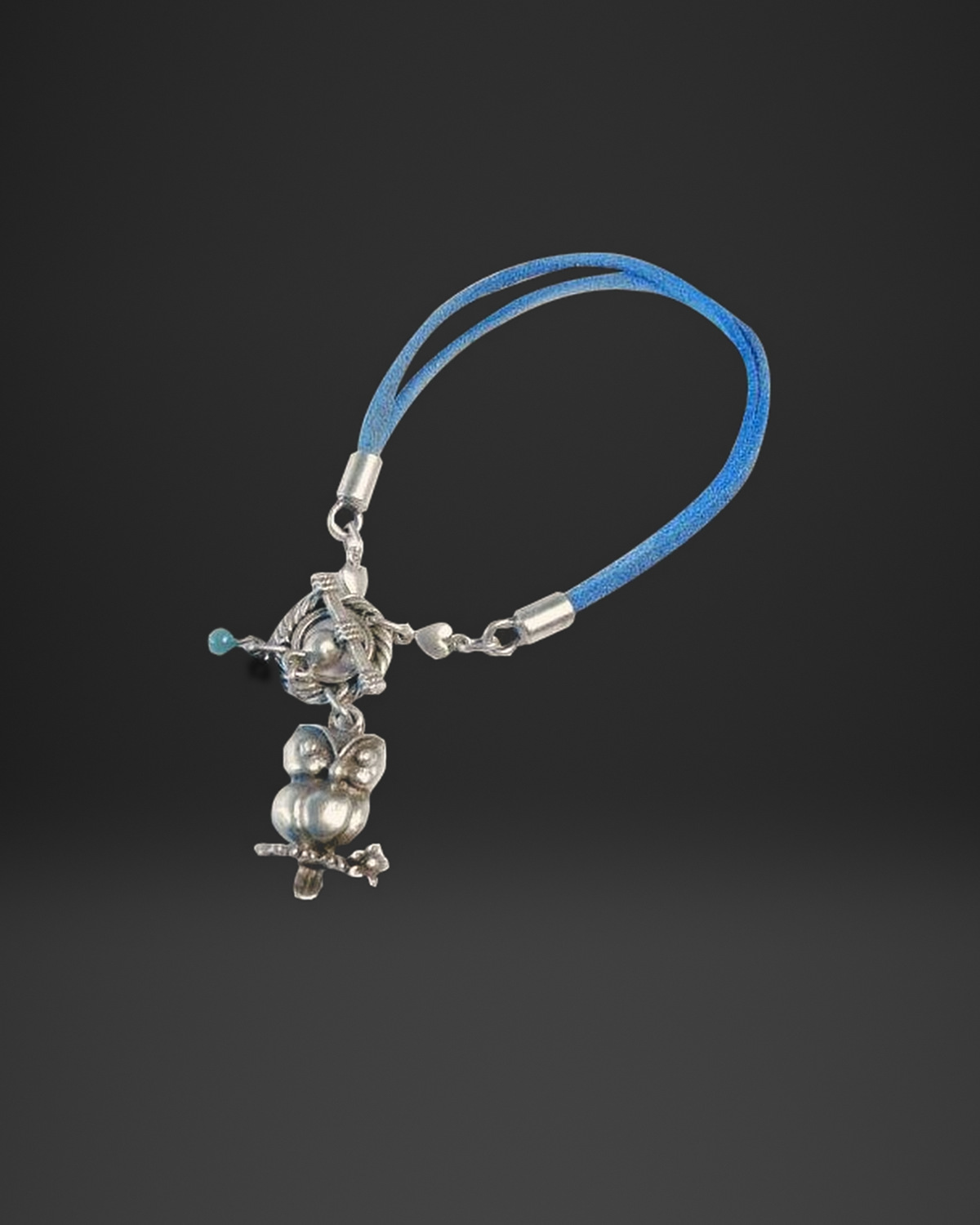 Owl on Branch Charm Blue Leather Bracelet