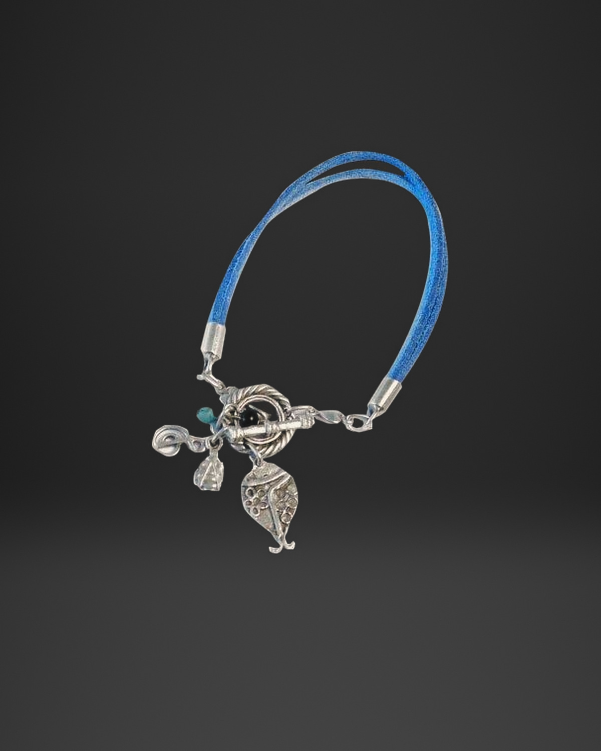 Leaf and Bell Charm Blue Leather Toggle Bracelet