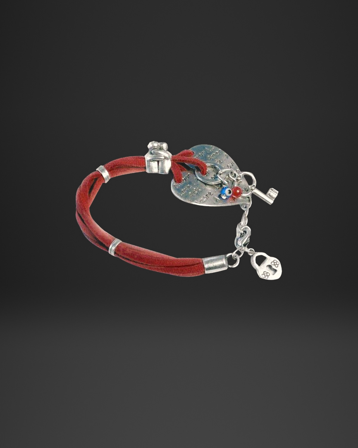 Engraved Heart Lock and Key Red Leather Bracelet