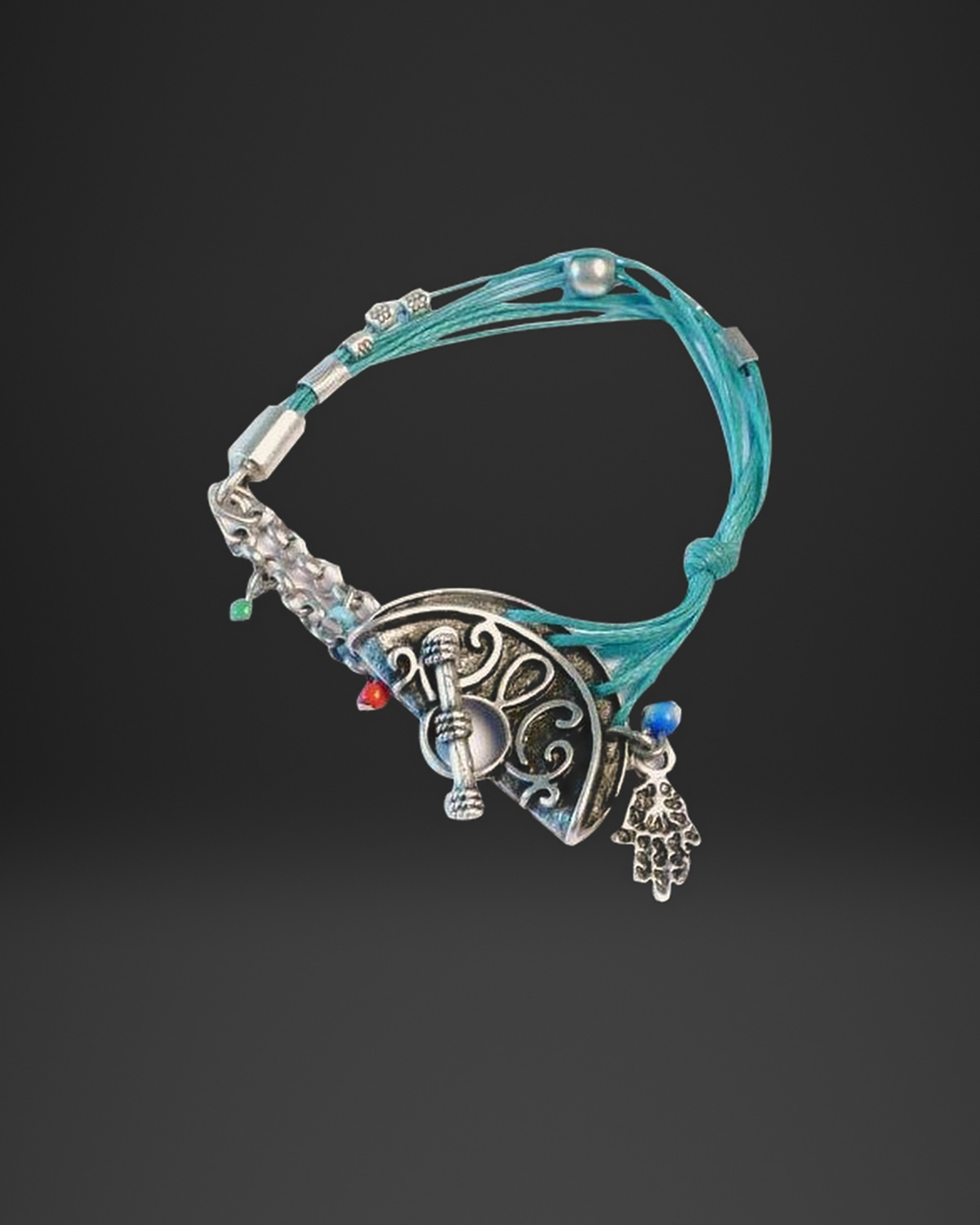 Filigree Fan and Hamsa Turquoise Cord Bracelet