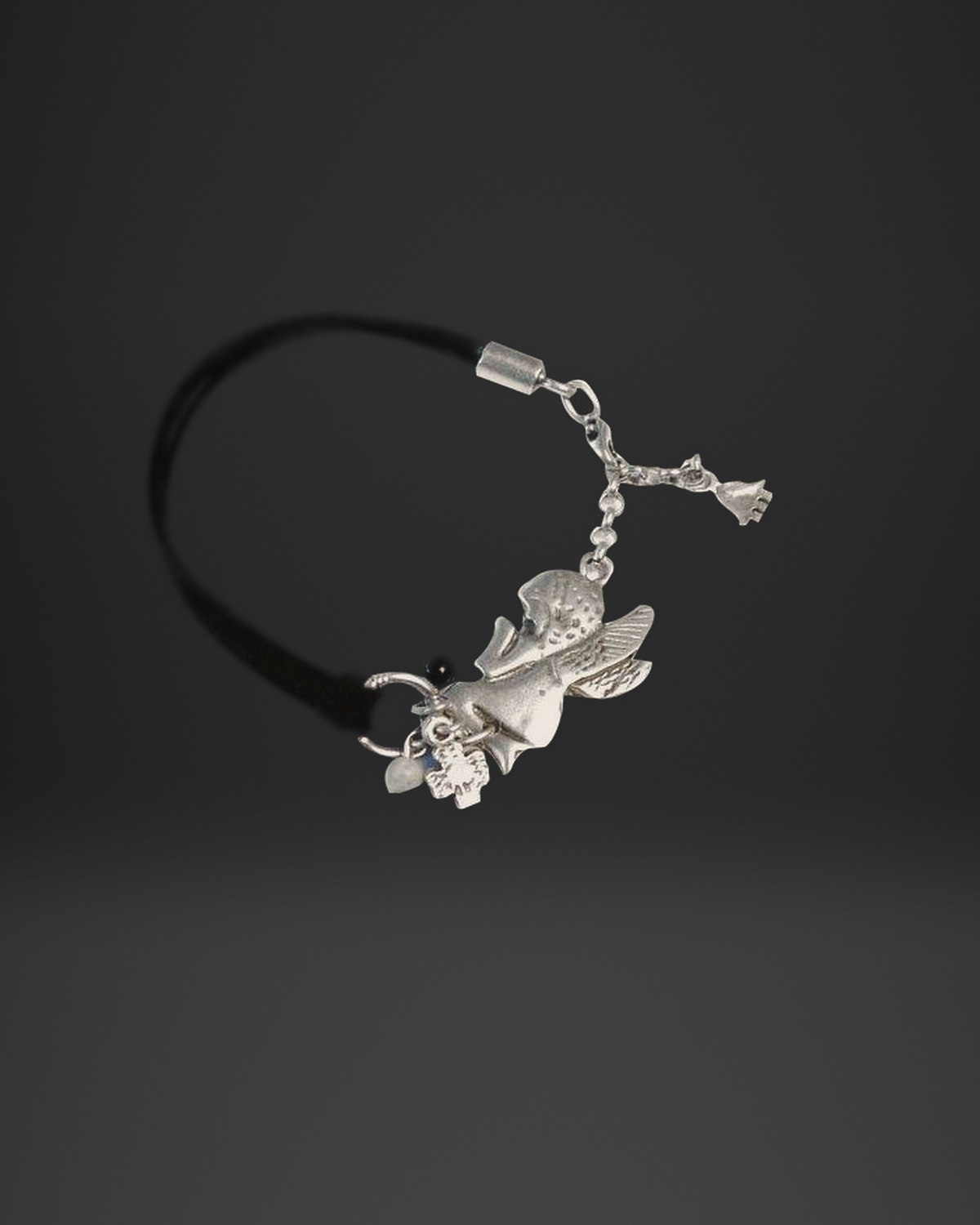 Cherub Angel Charm Black Leather Bracelet